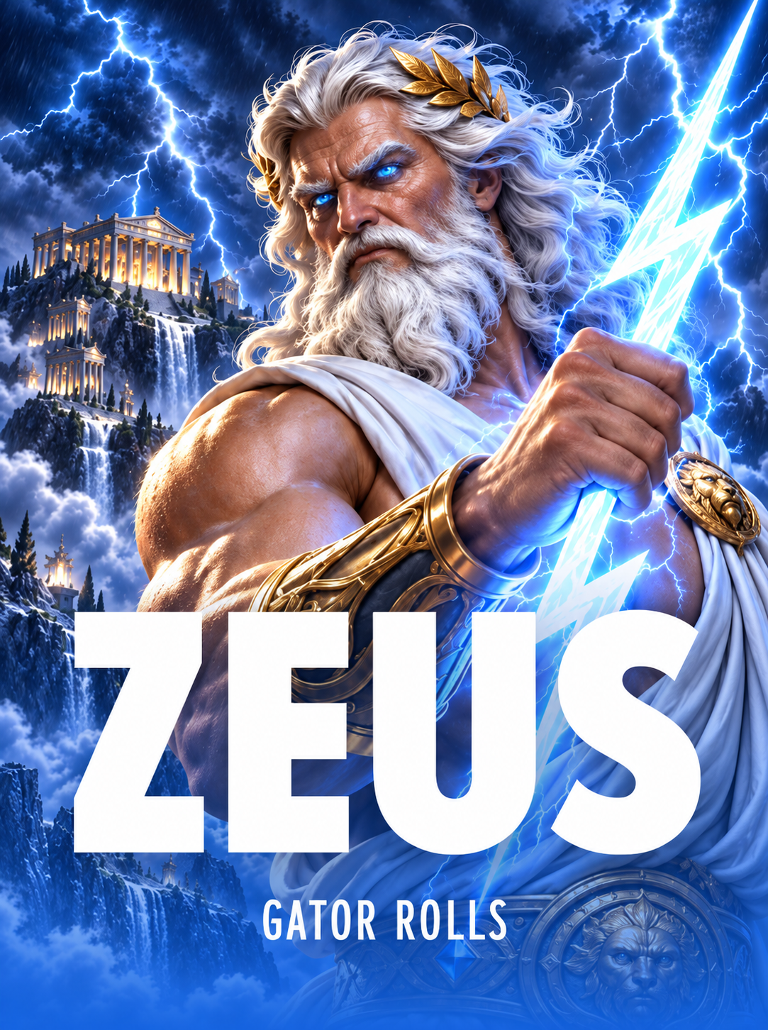 Zeus holding blue lightning above Mount Olympus